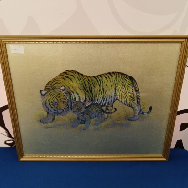 Vintage metallic print of tiger and cub by M fennel.