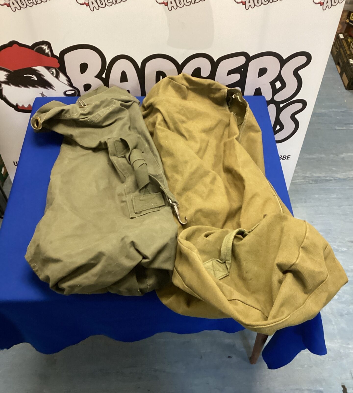 Pair of used military canvas kit bags, army surplus.