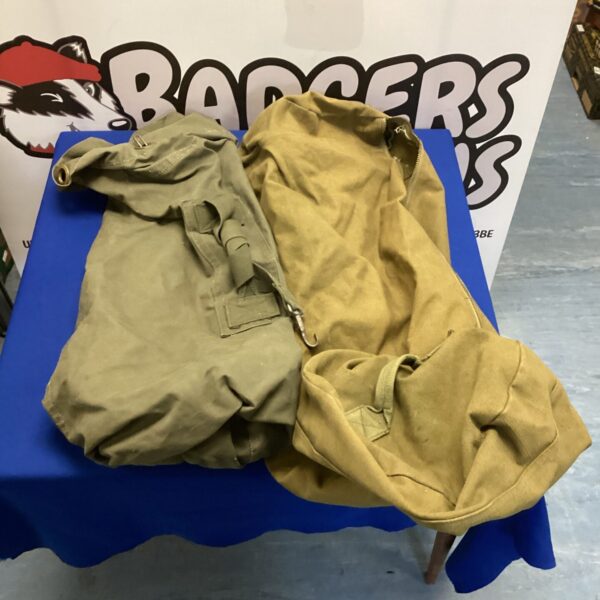 Pair of used military canvas kit bags, army surplus.