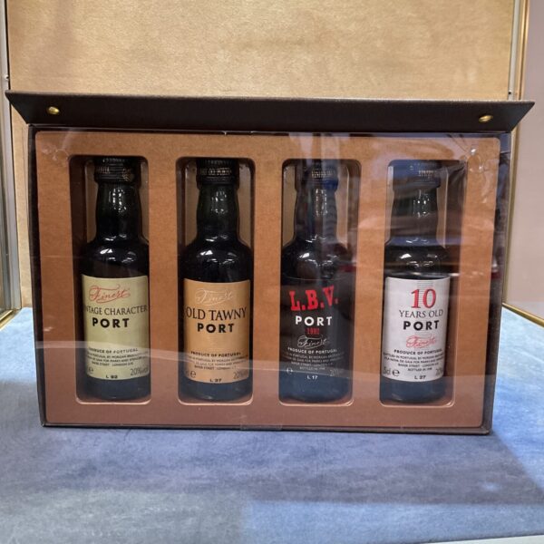 Miniature port wine collection featuring vintage and tawny varieties.