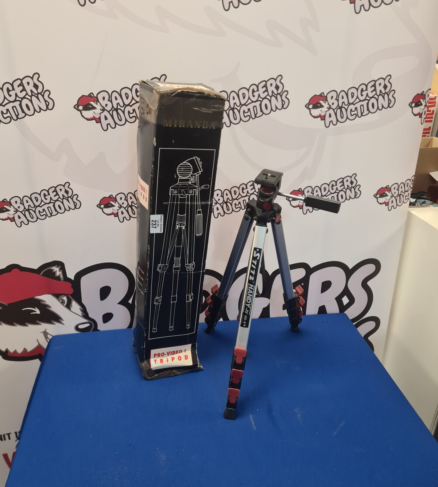 Two video tripods, including a Miranda Pro Video 1 and Stitz Handy-IV.