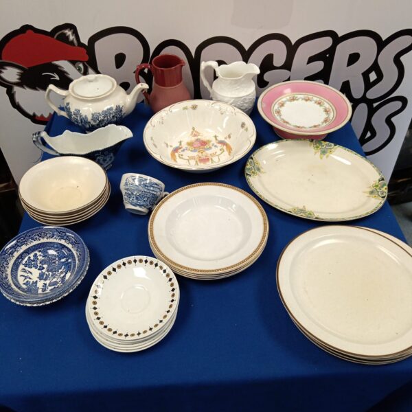 Mixed china lot with vintage plates, cups, and a Crown Devon bowl.