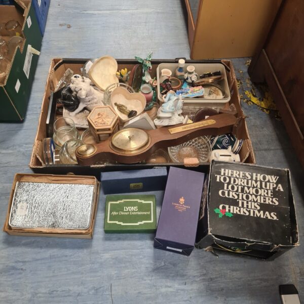 Mixed lot of vintage curios and glassware with a barometer.