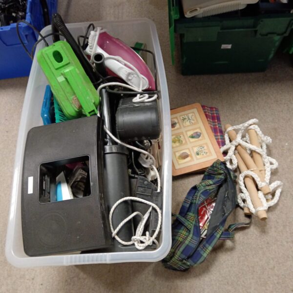 Mixed household lot in a plastic storage box with rope ladder.