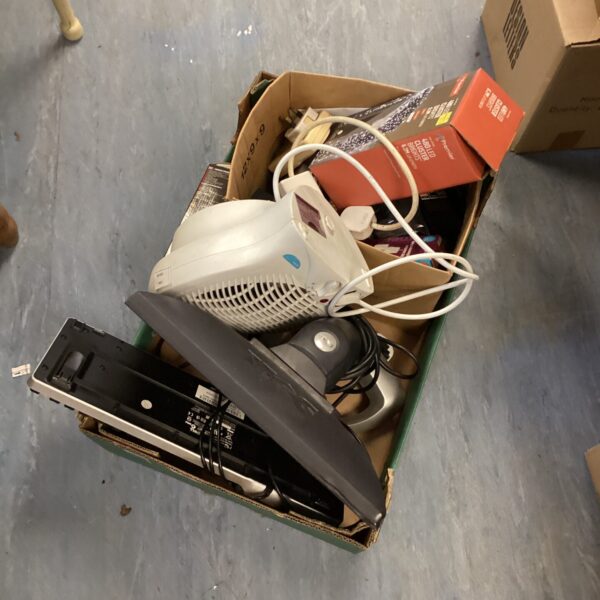 Mixed lot bundle with keyboard, heater fan, and Christmas lights.