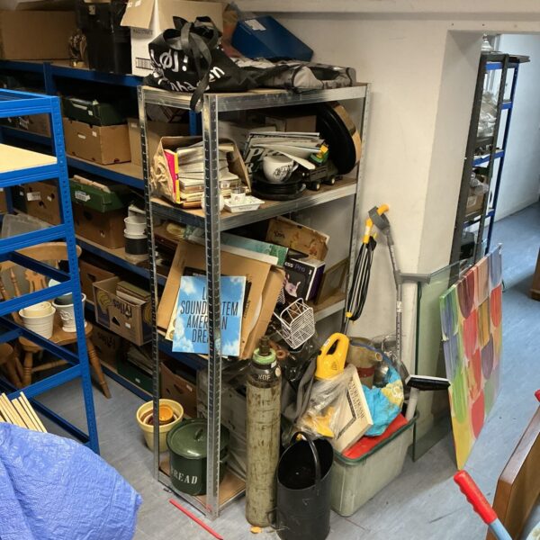 Mixed lot of shelving contents with assorted vintage and household items.