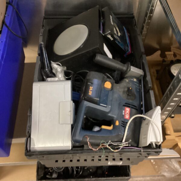 Mixed lot of tools and electronics including Ryobi drill.