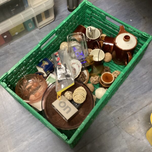 Mixed lot of pottery, a dog lead, and a clock.