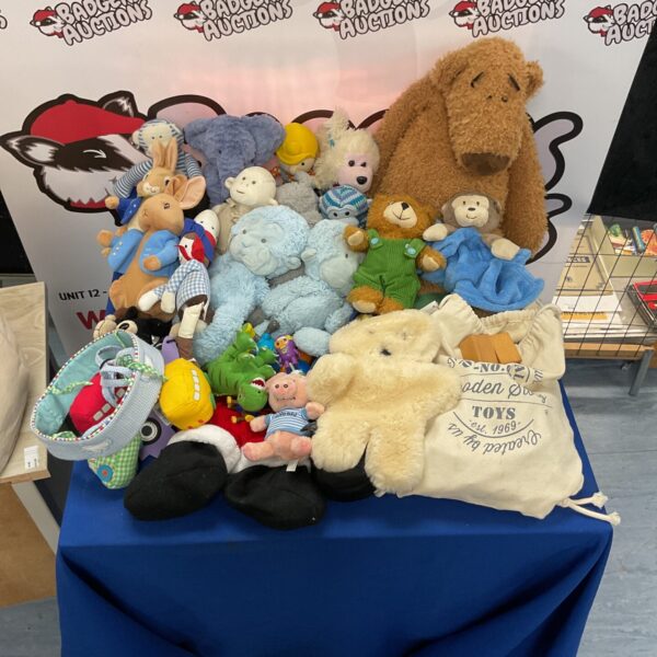 Mixed soft toy lot with wooden blocks for children's play.