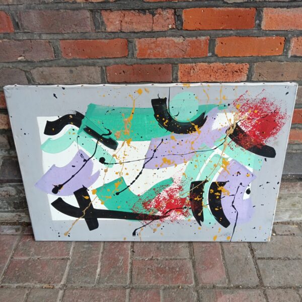 Vibrant modernist oil painting with colourful abstract design.