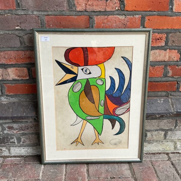 Vibrant modernist watercolour painting of a colourful rooster.