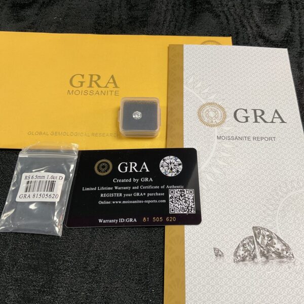 GRA certified 1 carat moissanite gemstone with certificate.