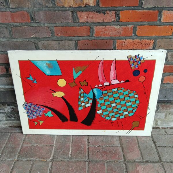 Colourful abstract oil painting of a fish signed Mok.