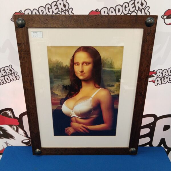 Humorous Mona Lisa print, satirical art reproduction.