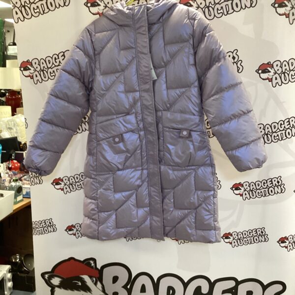 Front view of a grey Moncler puffer coat in size XL.