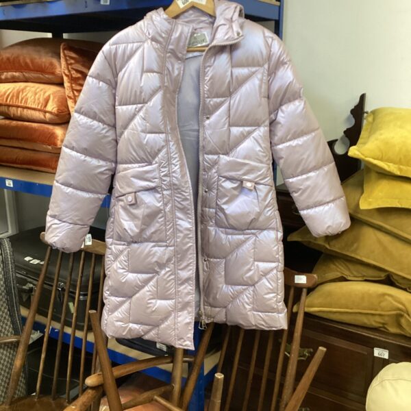 Silver Moncler style puffer coat, longline quilted winter fashion.