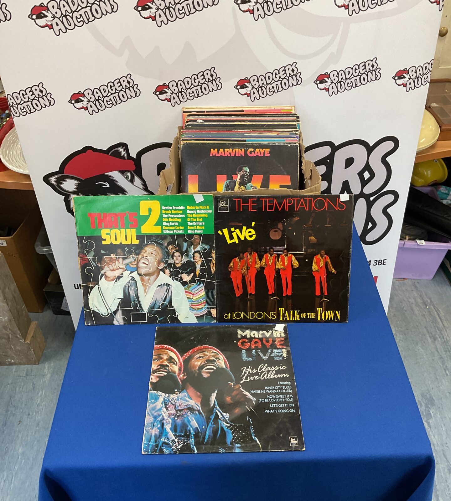 Vintage Motown LP collection with vinyl records and album covers.