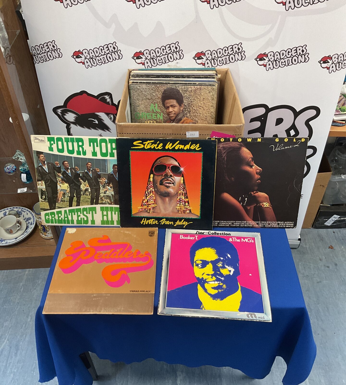 Vintage Motown LP collection with Stevie Wonder record visible.