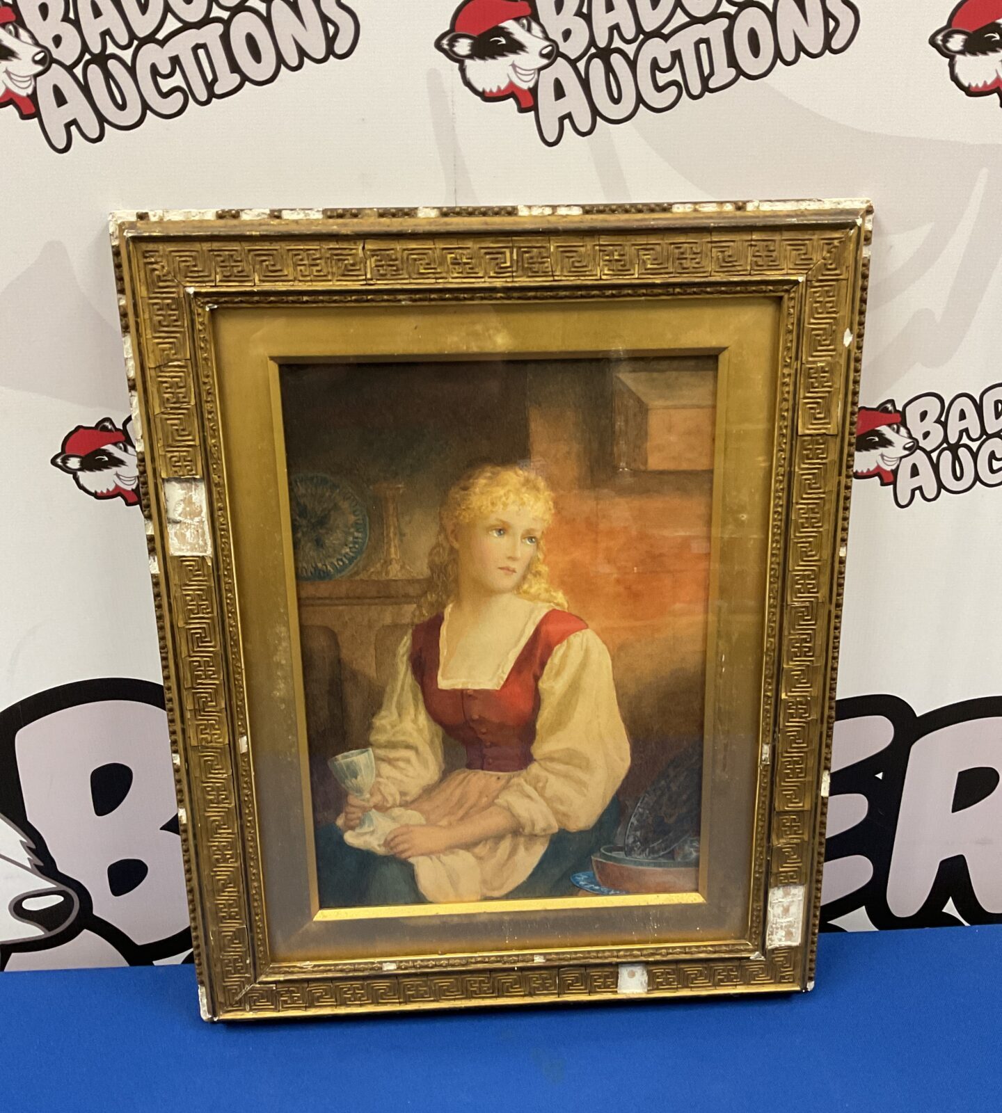 Antique Victorian watercolour painting of Cinderella in a gilt frame.