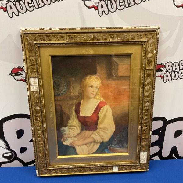Antique Victorian watercolour painting of Cinderella in a gilt frame.