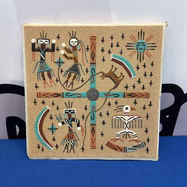 Colorful Navajo sand painting by Eyazzie depicting the creation story.