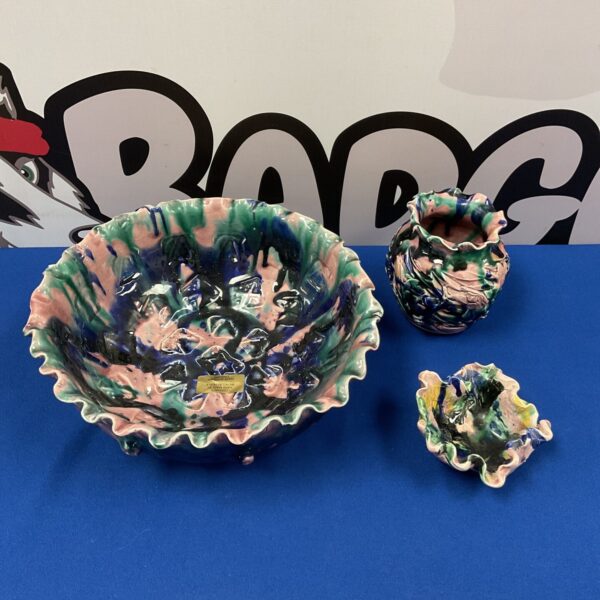 Vibrant pink and green Nicholas Hurle ceramic bowl.