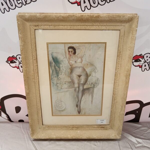 Vintage nude oil painting of a provocative female figure.