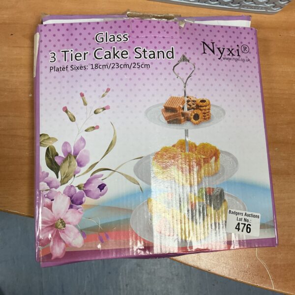 Clear glass 3 tier cake stand by Nyru for elegant dessert display.