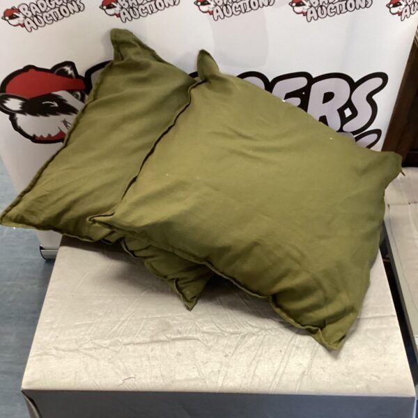 Two olive green garden cushions for outdoor seating.
