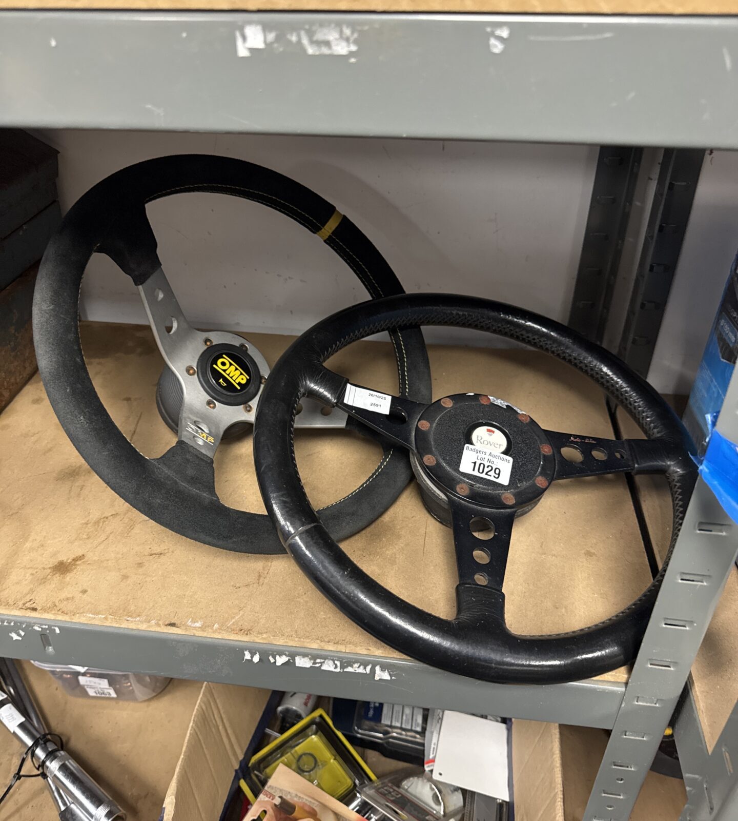 Vintage OMP steering wheel for Rover, classic car part.