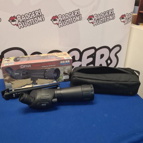 Boxed Optus Zoom 20-60x60 spotting scope with tripod and case.