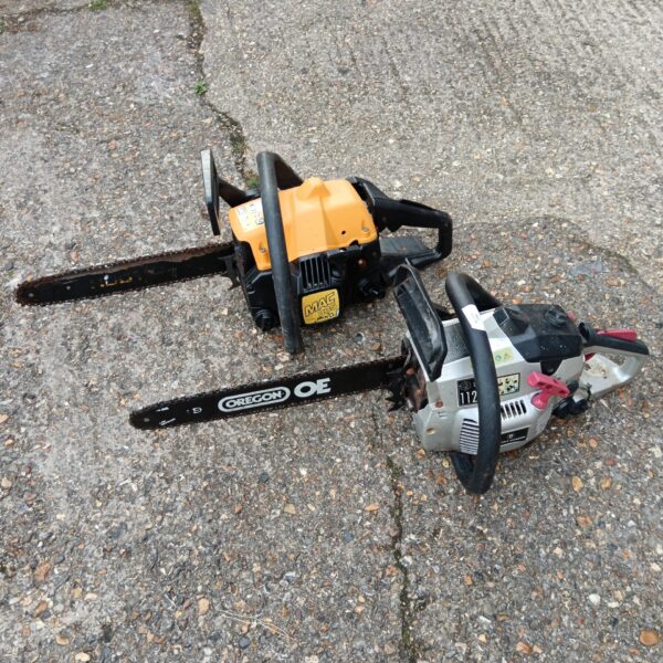 Vintage Oregon & Mac 335 petrol chainsaw for garden use.