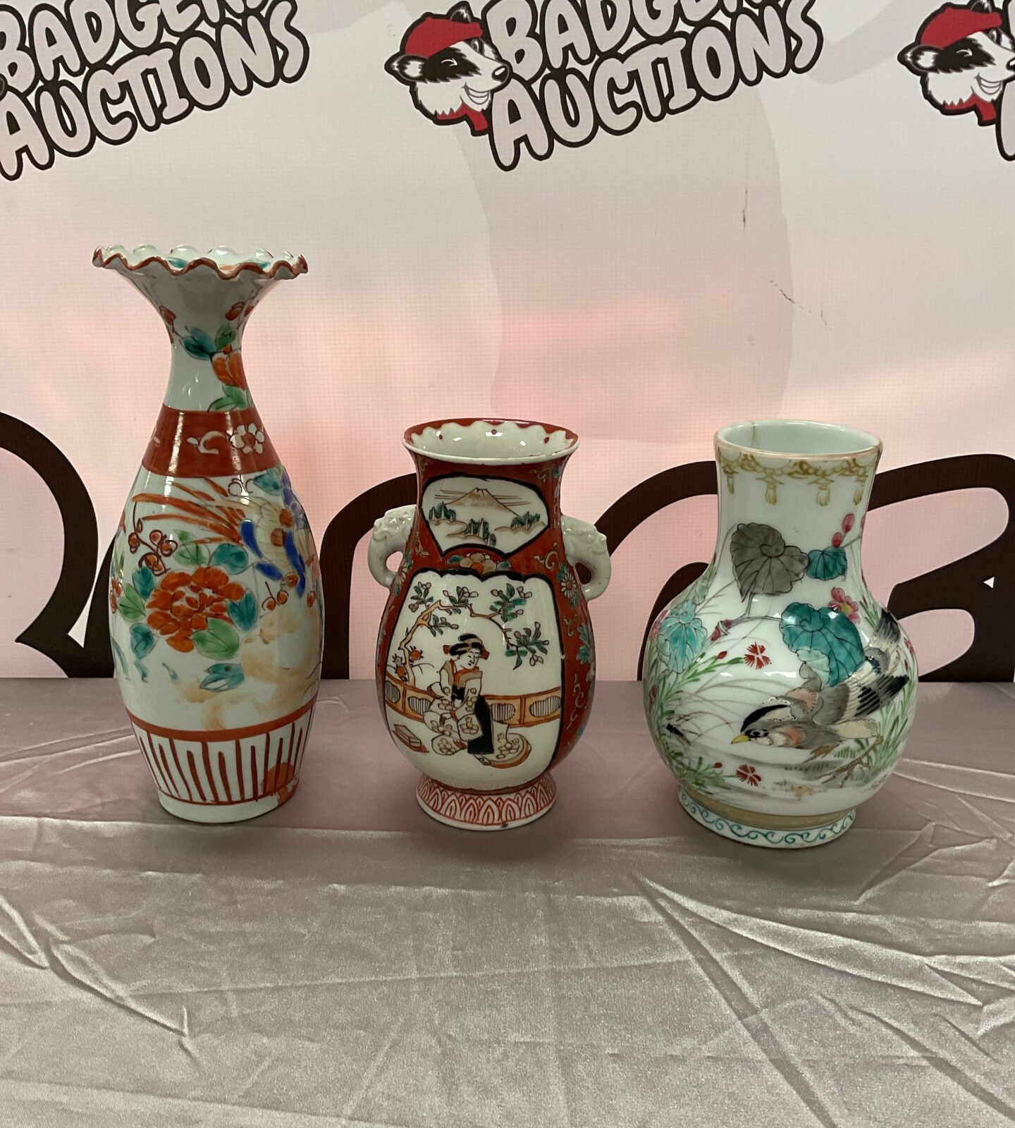 Three oriental vases with a swallow bird pattern.