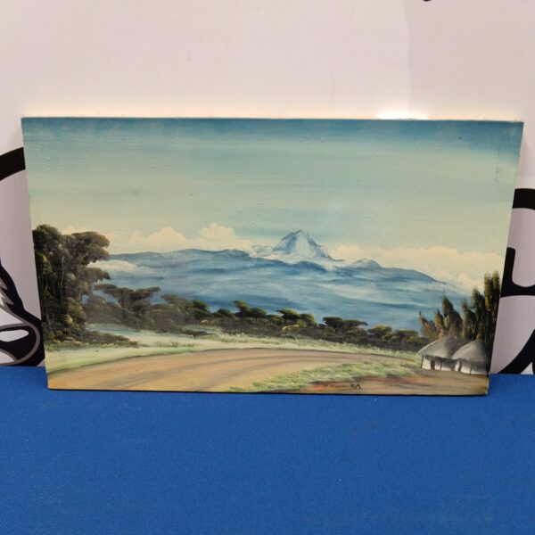 Vibrant African mountain oil painting by P Mwaura, a beautiful landscape.