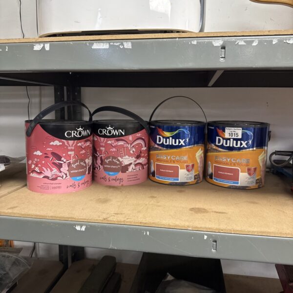 Collection of four unopened tubs of Dulux and Crown paint.