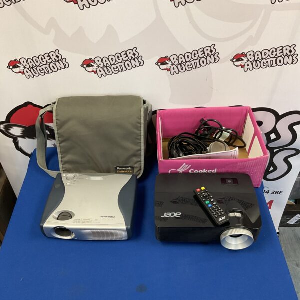 Vintage Panasonic LCD and Acer DLP projectors with remote control.