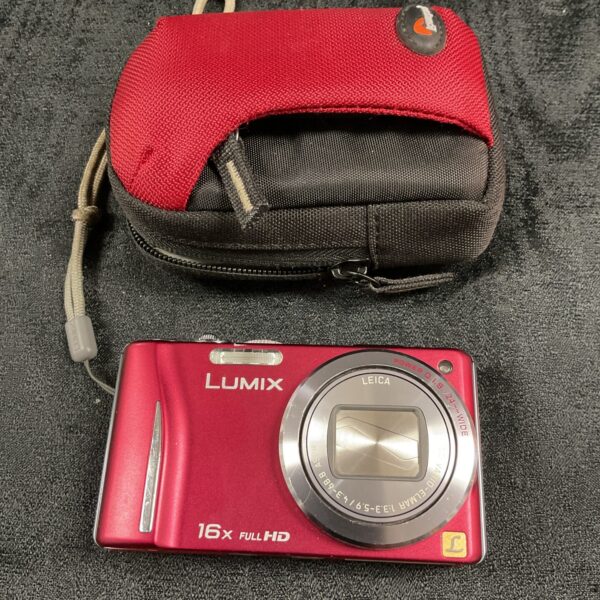 Red Panasonic Lumix DMC-TZ20 camera with protective carrying case.