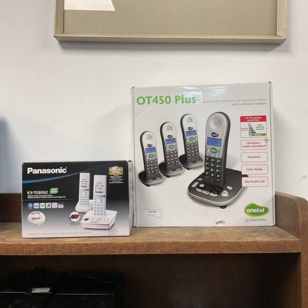 Panasonic and Onetel cordless telephone answering machine set.