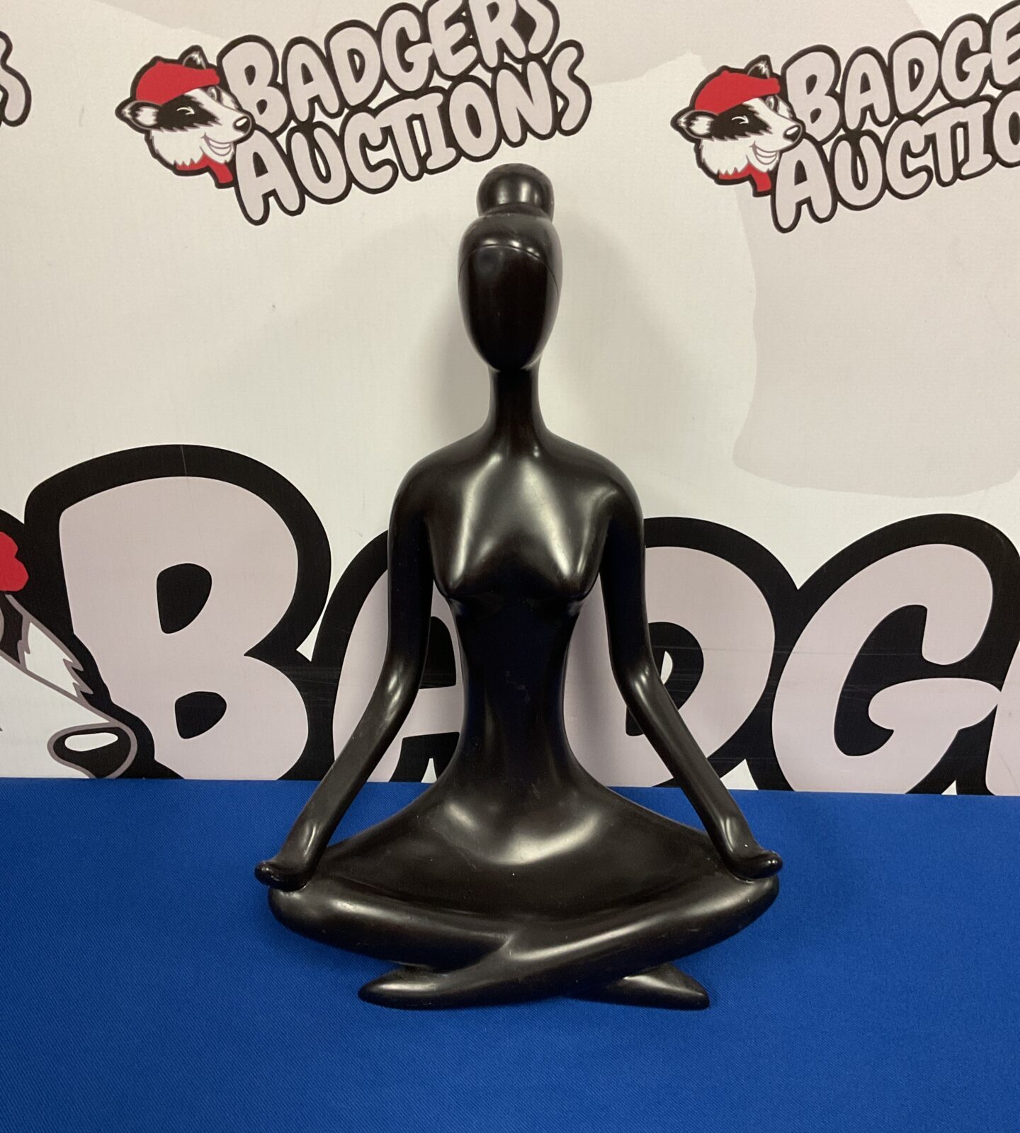 Vintage Parlane meditating lady sculpture in black, a classic art deco figurine.