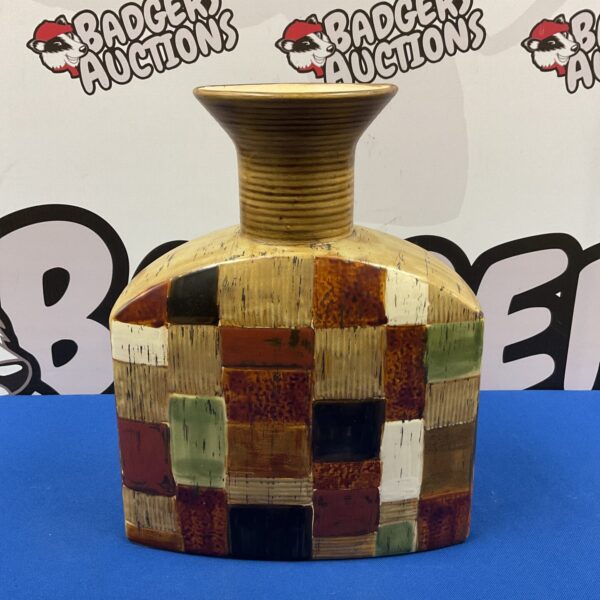 Colourful patchwork pottery vase, mid-century ceramic design.