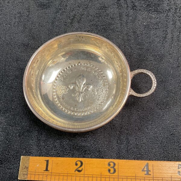 Sterling silver Paul Masson wine tasting cup, detailed view.