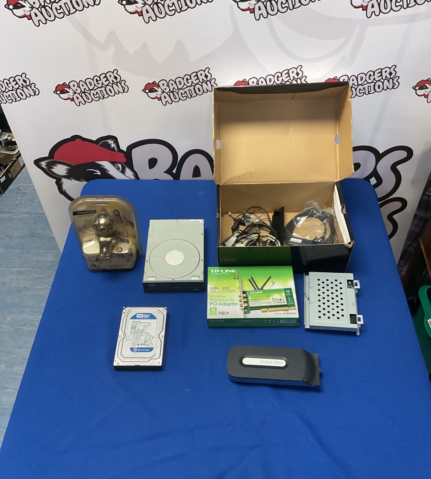PC components lot including Xbox 360 hard drive and DVI to HDMI converter.