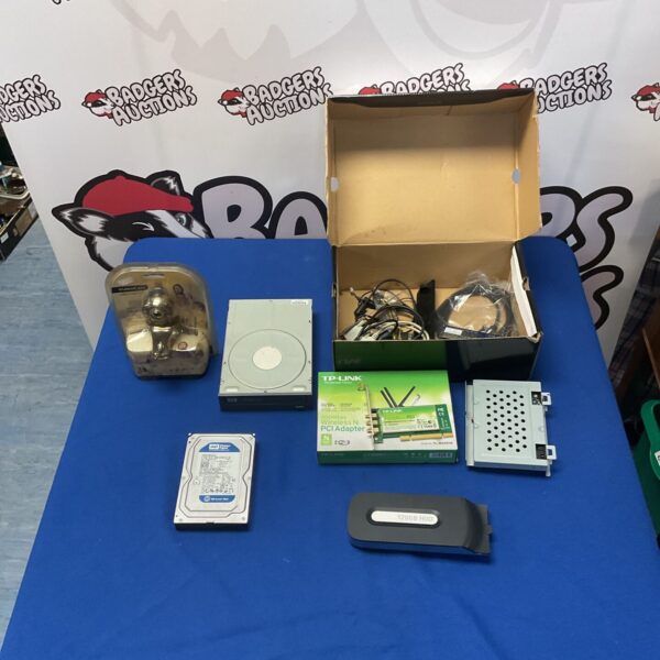 PC components lot including Xbox 360 hard drive and DVI to HDMI converter.