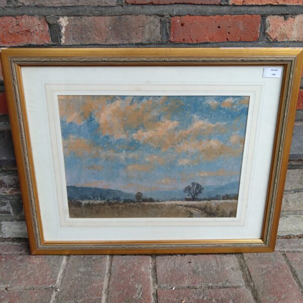 Vintage Percy Hipkiss pastel landscape painting of a farm scene.