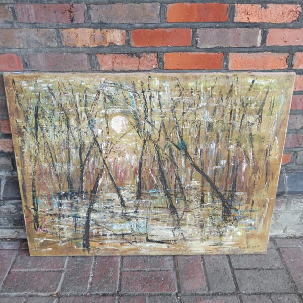 Front view of Perkins 1959 abstract oil painting of a marshland scene.