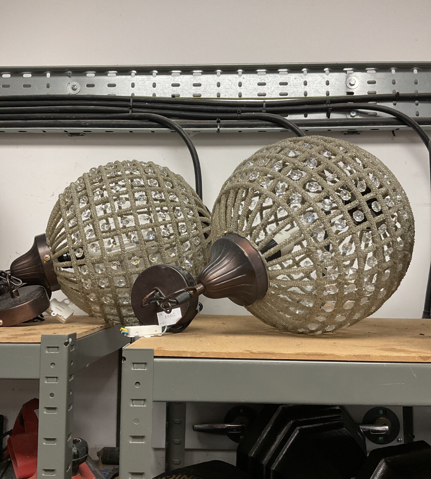 Pair of vintage plastic bead ceiling lights with wire frames.