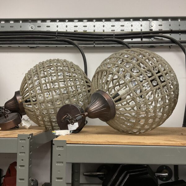 Pair of vintage plastic bead ceiling lights with wire frames.