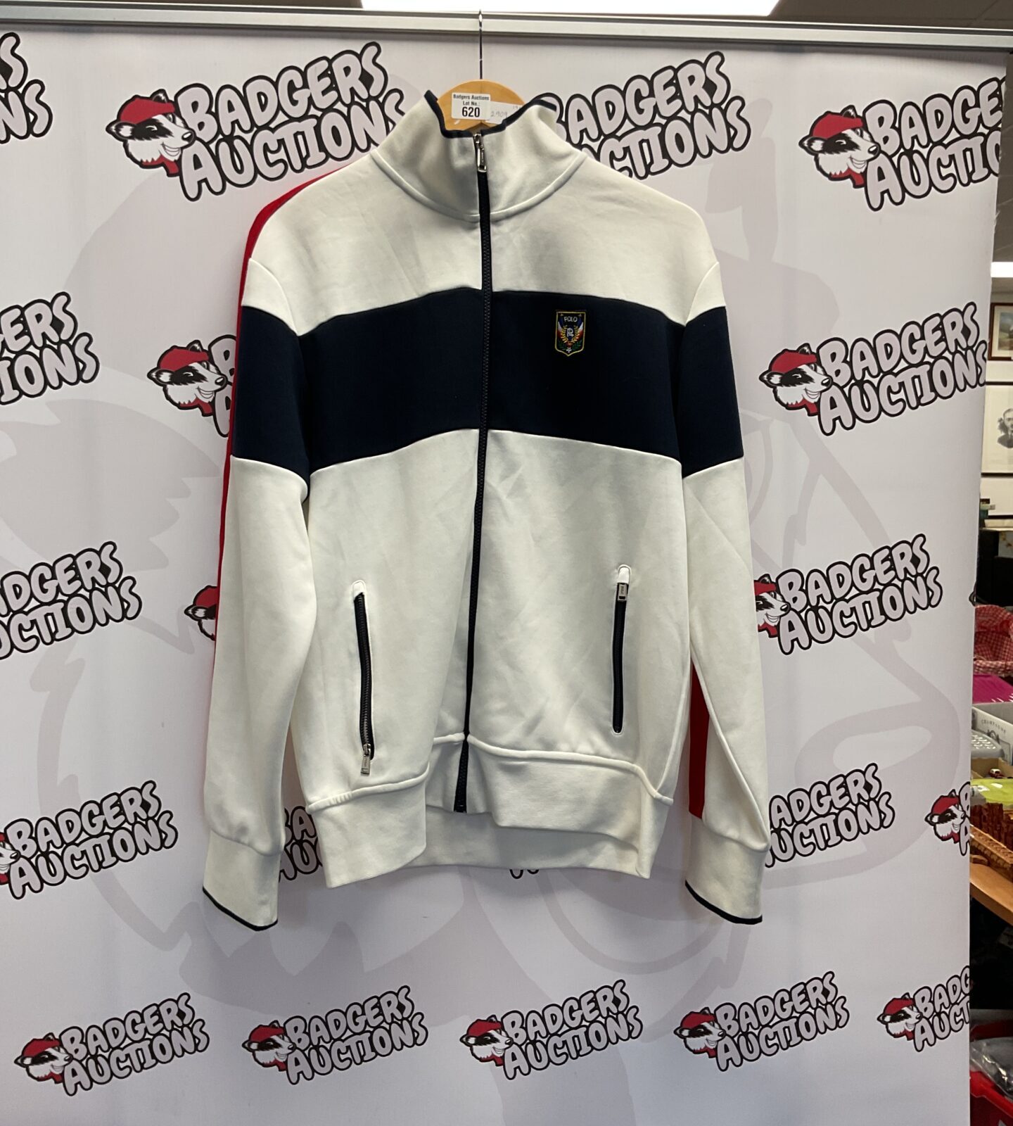 Front view of a vintage Polo Ralph Lauren double knit track jacket.