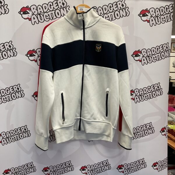 Front view of a vintage Polo Ralph Lauren double knit track jacket.
