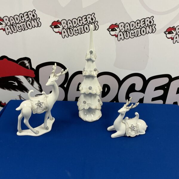 White porcelain reindeer and Christmas tree holiday set.
